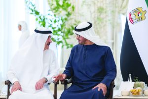 ABU DHABI, UNITED ARAB EMIRATES - September 19, 2023: HH Sheikh Mohamed bin Zayed Al Nahyan, President of the United Arab Emirates (R) receives HH Sheikh Saud bin Rashid Al Mu'alla, UAE Supreme Council Member and Ruler of Umm Al Quwain (L), during a Sea Palace barza. ( Mohamed Al Hammadi / UAE Presidential Court ) ---