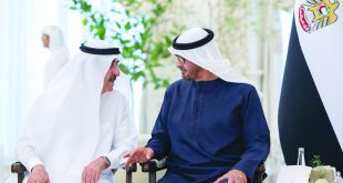 ABU DHABI, UNITED ARAB EMIRATES - September 19, 2023: HH Sheikh Mohamed bin Zayed Al Nahyan, President of the United Arab Emirates (R) receives HH Sheikh Saud bin Rashid Al Mu'alla, UAE Supreme Council Member and Ruler of Umm Al Quwain (L), during a Sea Palace barza. ( Mohamed Al Hammadi / UAE Presidential Court ) ---