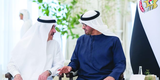 ABU DHABI, UNITED ARAB EMIRATES - September 19, 2023: HH Sheikh Mohamed bin Zayed Al Nahyan, President of the United Arab Emirates (R) receives HH Sheikh Saud bin Rashid Al Mu'alla, UAE Supreme Council Member and Ruler of Umm Al Quwain (L), during a Sea Palace barza. ( Mohamed Al Hammadi / UAE Presidential Court ) ---